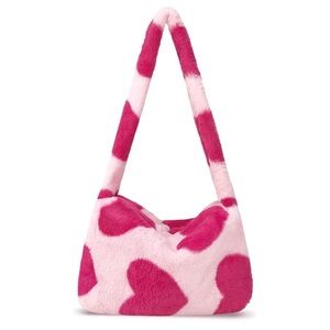 NWT Plush Faux Fur Pink Heart Print Shoulder Bag